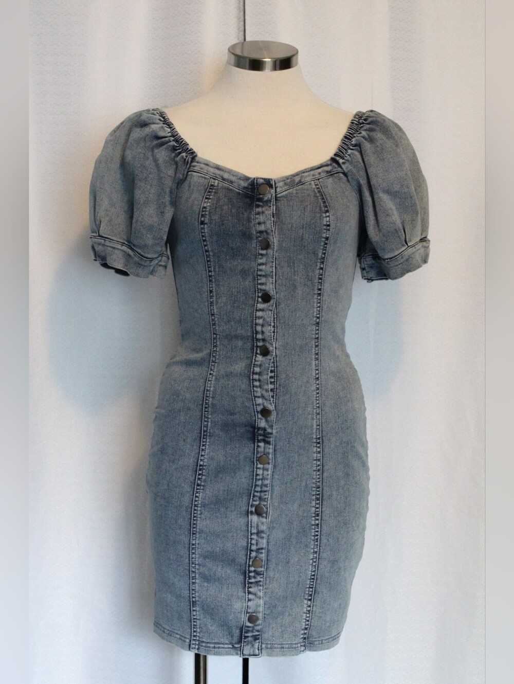 NWT Story On Acid Wash Denim Puff Sleeve Bodycon Mini Dress Size S